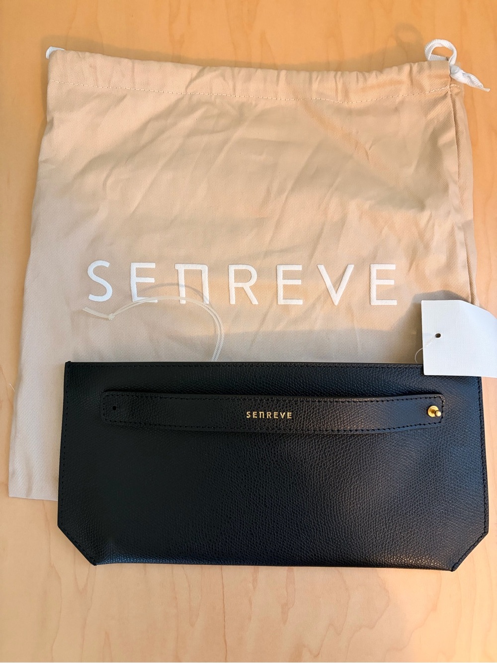Senreve Black Pebbled Leather Wristlet Clutch with Gold Hardware